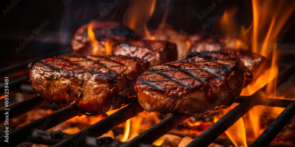 Grilled Steaks Over Open Flames. Hot Beef Steaks Cooking on Grill with Fiery Background. Outdoor Cooking. Generative AI Grilled Steaks Over Open Flames. Hot Beef Steaks Cooking on Grill with Fiery Background. Outdoor Cooking. Generative AI