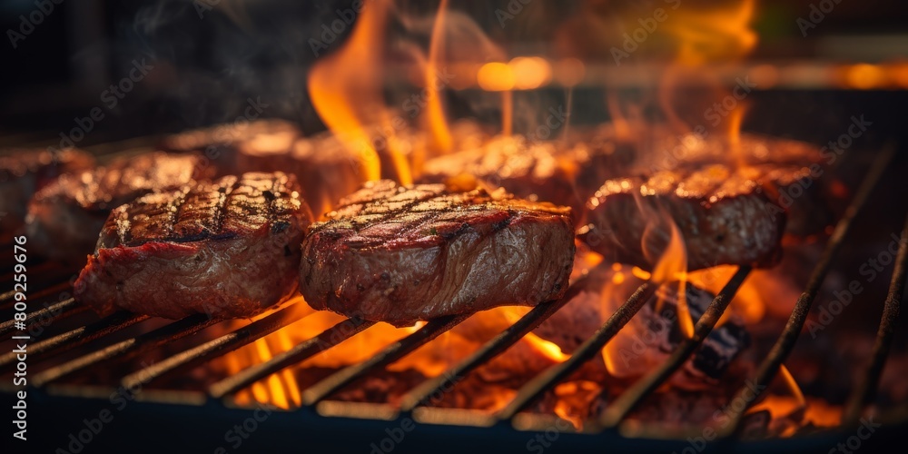 Pork Steaks Grilling Over Flames. Barbecue with Beef Steaks on Hot Grill. Generative AI Pork Steaks Grilling Over Flames. Barbecue with Beef Steaks on Hot Grill. Generative AI