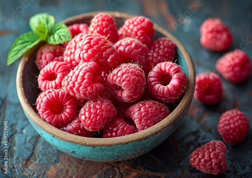 Fresh raspberries in bowl on wooden background