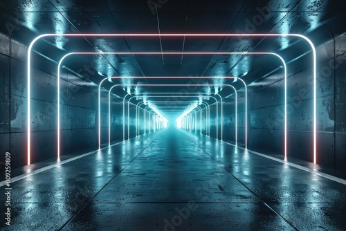 An empty underground blue room with bare walls and lighting metro