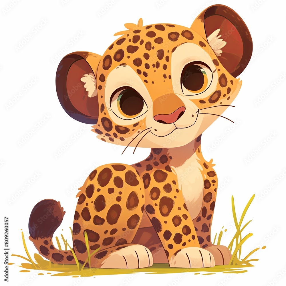 This cartoon leopard, lying in the grass with wide, curious eyes, is perfect for stories and educational content about the natural habitats of wild animals This cartoon leopard, lying in the grass with wide, curious eyes, is perfect for stories and educational content about the natural habitats of wild animals