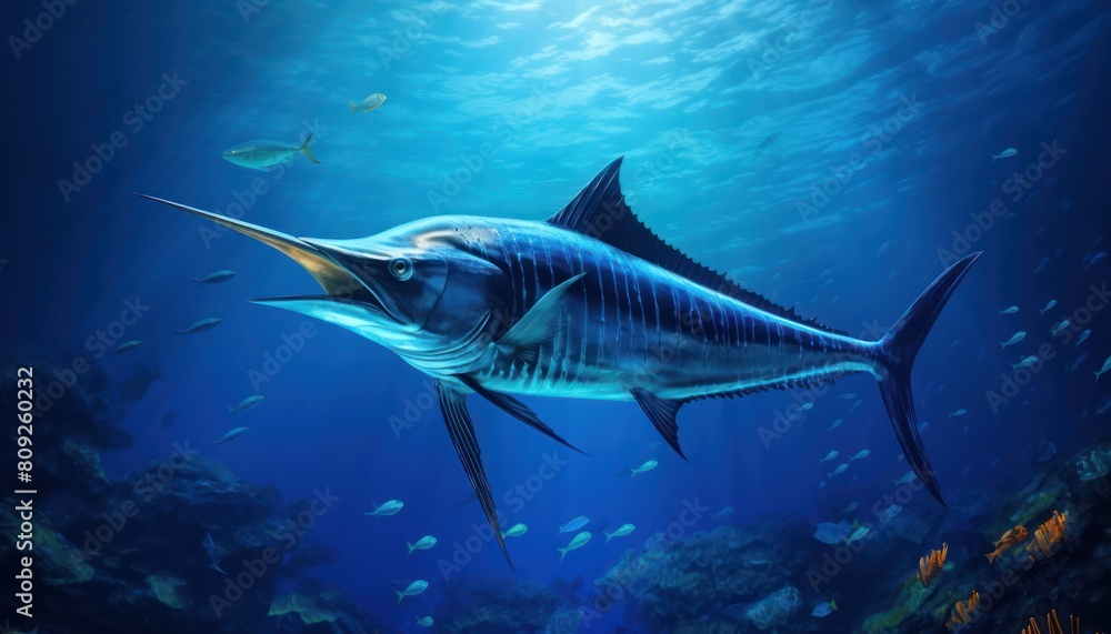 Giant Marlin fish in the ocean, beautiful view of marlin fish in the blue ocean Giant Marlin fish in the ocean, beautiful view of marlin fish in the blue ocean