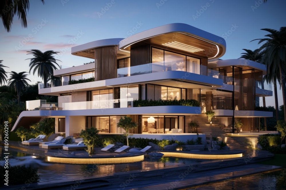 Elegant modern villa with shimmering pool lights and lush palm surroundings captured at dusk