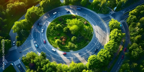 Bird s eye view of rural roundabout with cars navigating intersection. Concept Rural Roundabout  Bird s Eye View  Cars Navigating  Intersection  Traffic Movement