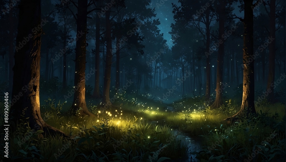 Fototapeta premium Dancing fireflies in forest