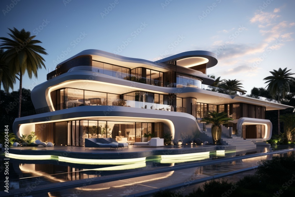 Naklejka premium Contemporary villa with illuminated interiors and pool at dusk