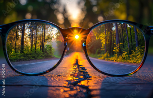 Glasses being held up to road with the sun shining through