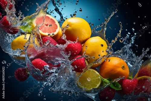 Dynamic Splash With Oranges  Lemons  and Raspberries in Water. Generative AI