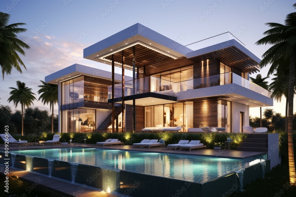 Elegant contemporary two-story house with pool at dusk, showcasing stylish architecture
