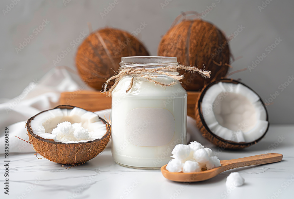Coconut oil in glass jar and coconuts with wooden spoon on white marble background Coconut oil in glass jar and coconuts with wooden spoon on white marble background