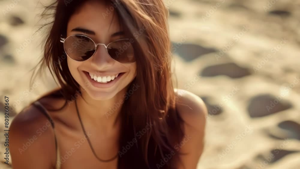 Woman with long hair and sunglasses is smiling at camera Woman with long hair and sunglasses is smiling at camera