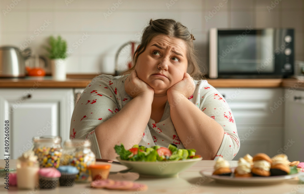 Overweight woman sitting at the table with plate of food looking unhappy