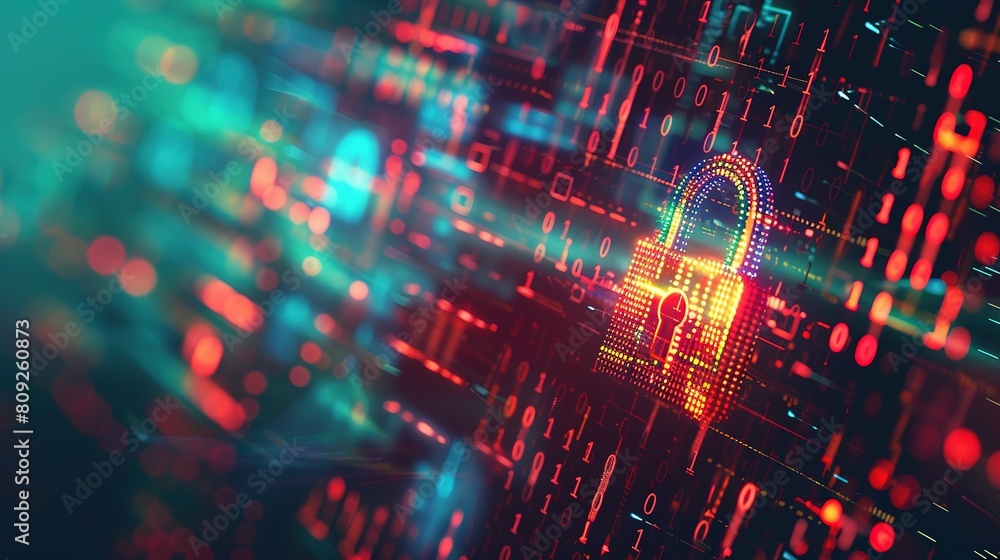Fototapeta premium Cyber security concept. digital padlock on abstract cyber security with binary code