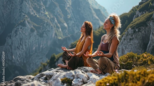 Cheerful women meditating in the mountains