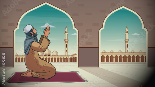 Muslim sheikh, praying, standing in front of mosque, cartoon	
