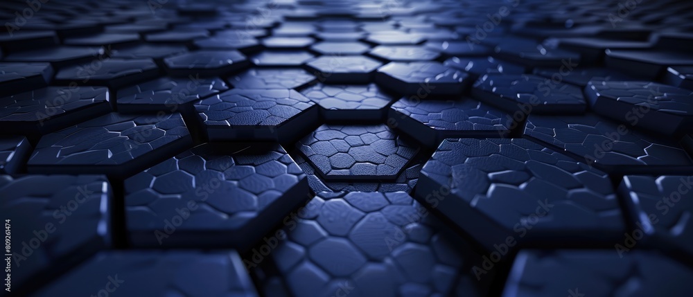 Obraz premium The hexagonal dark blue navy texture, featuring a radial center space, creates a visually appealing 3D rendering backdrop.