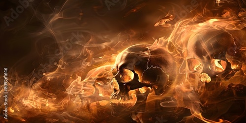 Eternal Damnation: Nightmarish Scene of Burning Skulls in Hell. Concept Dark Art, Hellish Imagery, Supernatural Horror