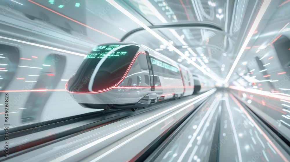 Image of a modern high-speed train with dynamic motion blur and vibrant red lighting, depicting rapid transit and futuristic travel