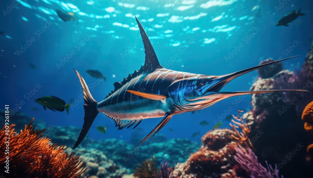 Fototapeta premium Giant Marlin fish in the ocean, beautiful view of marlin fish in the blue ocean
