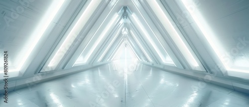 Fototapeta Naklejka Na Ścianę i Meble -  empty long light corridor modern white background futuristic sci fi triangle tunnel 3d rendering