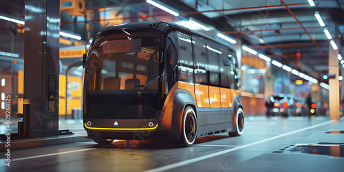 Futuristic self driving black colored bus with black background