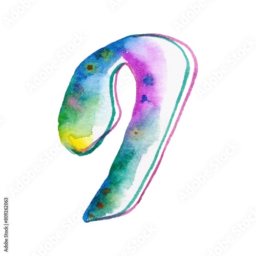 A colorful, vibrant rainbow watercolor small letter "q" stands out against a pristine white background, adding a whimsical and cheerful vibe to the scene
