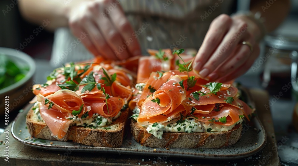 Exquisite close-up of open-faced smoked salmon sandwiches with fresh herbs and cream cheese, representing gourmet snack Exquisite close-up of open-faced smoked salmon sandwiches with fresh herbs and cream cheese, representing gourmet snack