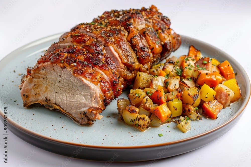 Flavorful Roasted Pork Shoulder with Seasoned Crispy Exterior and Sautéed Vegetables
