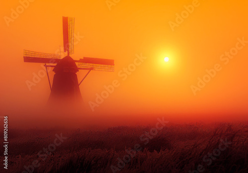 Windmill in the mist at sunrise. A yellow windmill rises from a misty field
