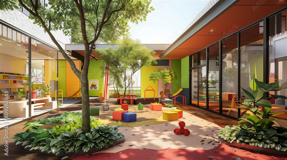 Kindergarten or hotel playroom or playground in the garden.