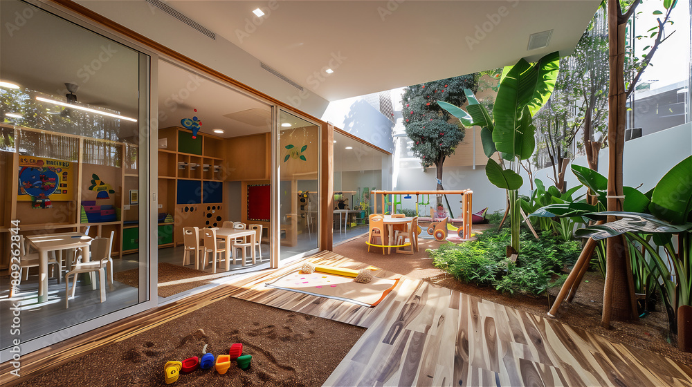 Kindergarten or hotel playroom or playground in the garden.