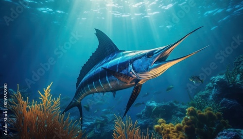 Giant Marlin fish in the ocean, beautiful view of marlin fish in the blue ocean