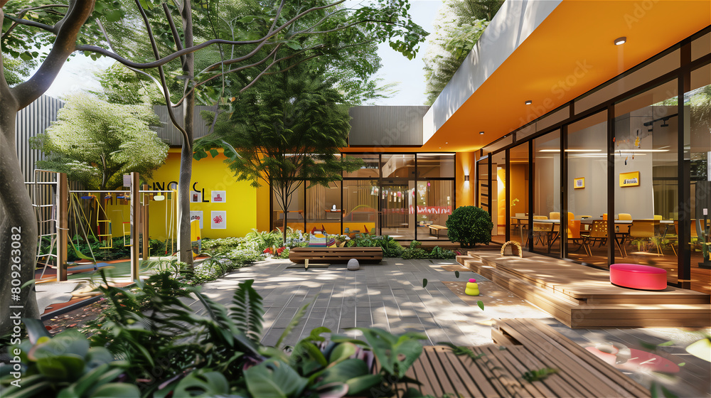 Kindergarten or hotel playroom or playground in the garden.