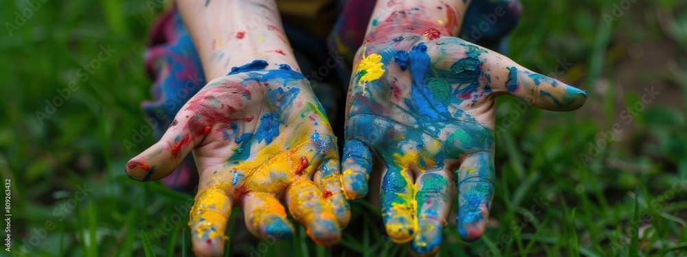 children's hands in paint close-up. selective focus