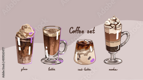 A set of coffee drinks. Vector latte, mocha and glace stickers.  