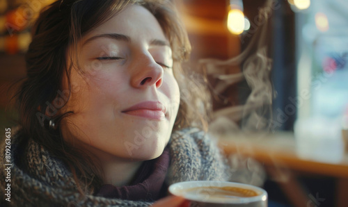 Cafe, smell and woman with coffee, aroma and thinking with memory, cappuccino and flavour. Restaurant, person and girl with morning tea, scent and remember with break, relax and happiness with latte photo