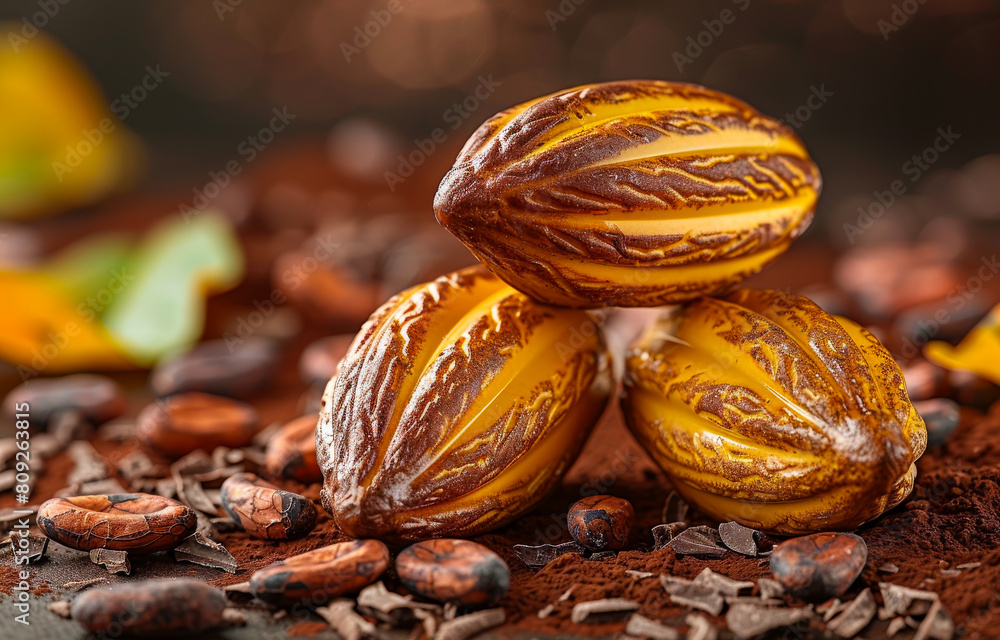 Chocolate candies and cocoa beans on dark background Chocolate candies and cocoa beans on dark background