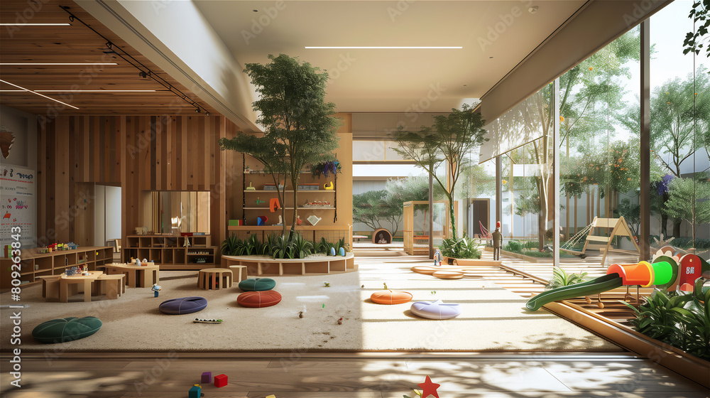 Kindergarten or hotel playroom or playground in the garden.