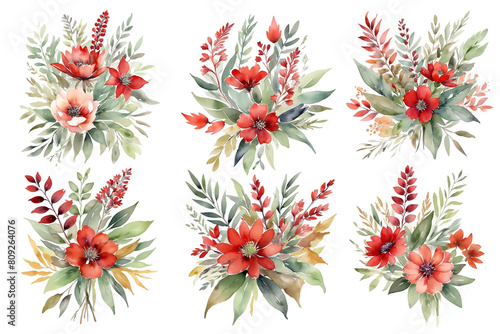 set of 6 watercolor style single flower bouquet with red colored flowers and sage green leaves  white background  high contrast