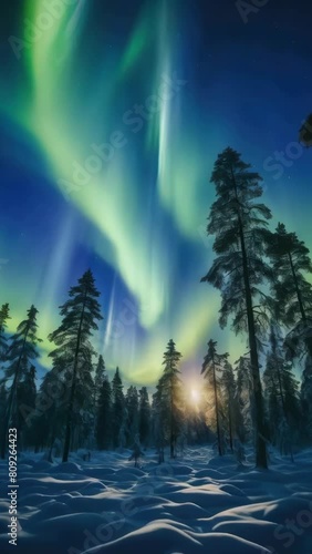 Sky is filled with auroras and trees are bare photo