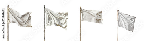 Set of white blank medieval and contemporary empty white flags blowing in the wind. New and old. Tattered and worn. Set 02