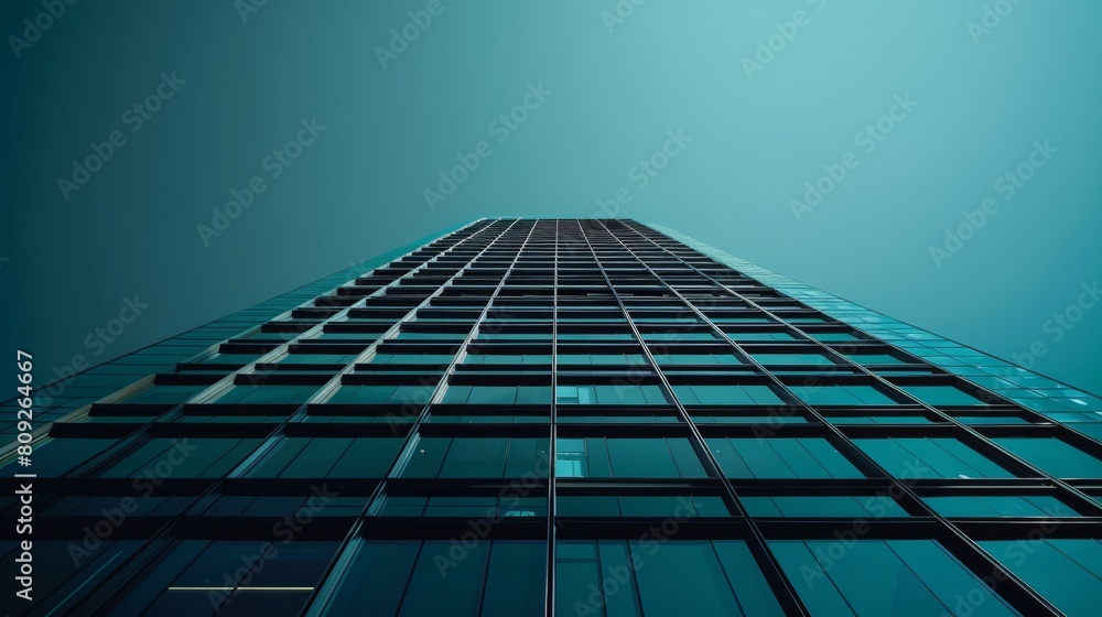 A tall building with many windows and a blue sky in the background A tall building with many windows and a blue sky in the background
