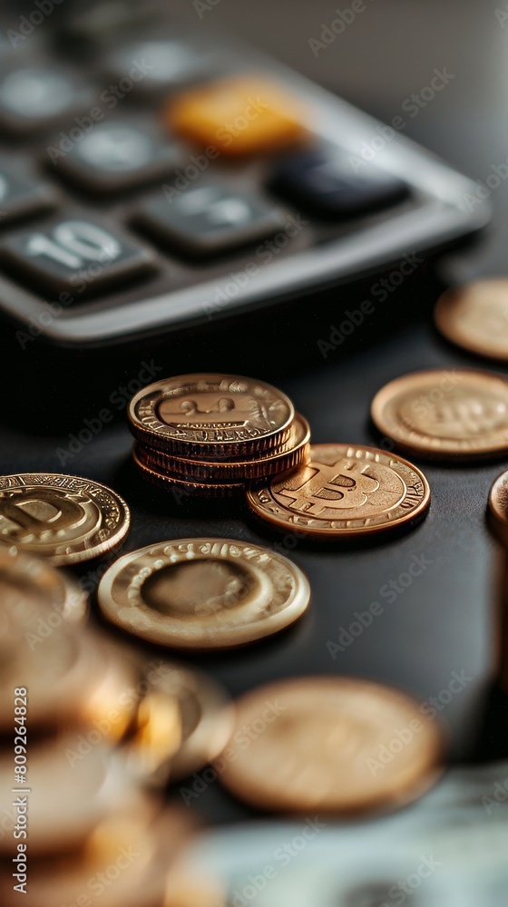 A pile of coins and a calculator on a table A pile of coins and a calculator on a table