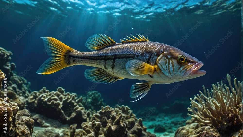 One wild fish in blue water One wild fish in blue water