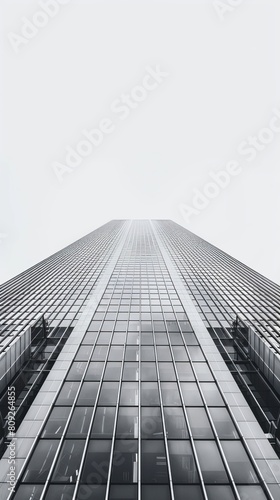 A tall building with many windows and a clear sky in the background