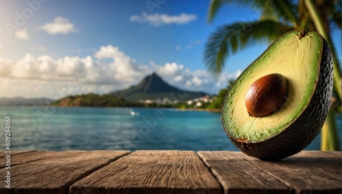 One big cut avocado on the empty wooden table top in front, blurred tropical island background