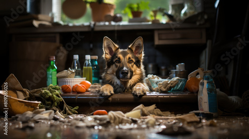 German Shepherd Posing Amidst Kitchen Mess: Exploring Chaos With Cutness photo