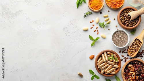 A white background with a variety of spices and herbs in bowls. The spices include cumin, turmeric, and basil
