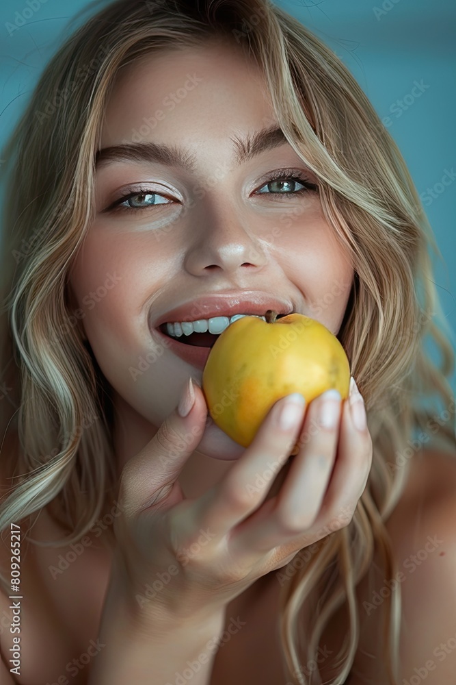 close-up of a woman eating an apple. selective focus close-up of a woman eating an apple. selective focus