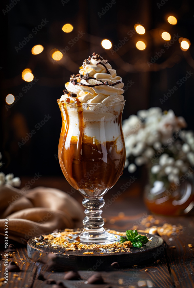 Delicious dessert. A glass of chocolate milkshake with whipped cream and chocolate syrup jar of peanuts and bouquet